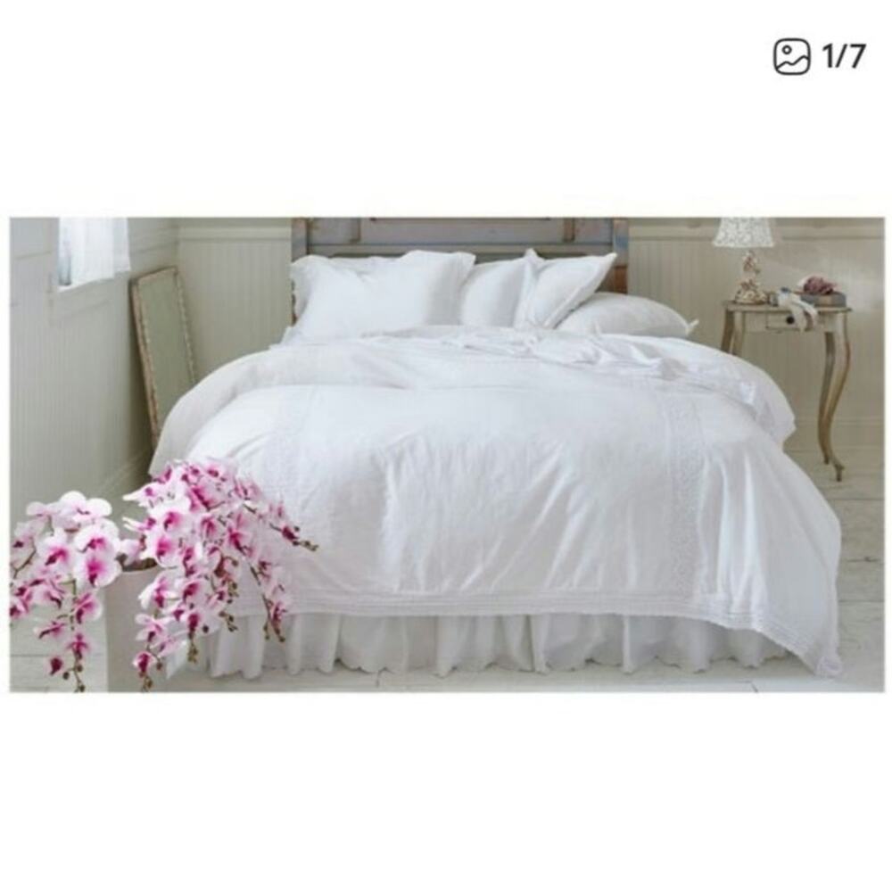 Simply Shabby Chic Twin Duvet Cover Set White Linen Cotton Crochet Trim NIP